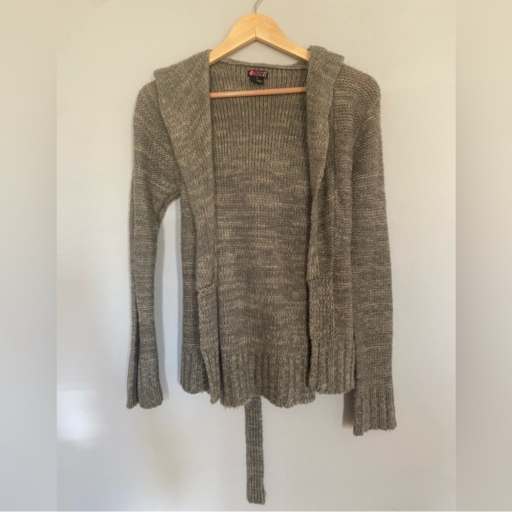 Kiss It Gray Knit Hooded and Belted Cardigan Size Medium in Junior’s